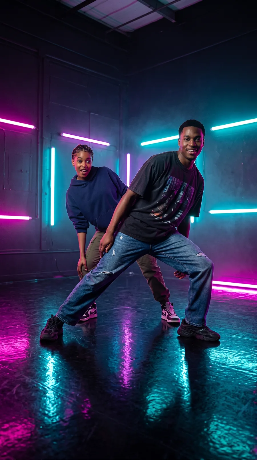 AI-generated neon dance, fictional characters: two dancers in a wide lunge pose in a teal and magenta neon studio